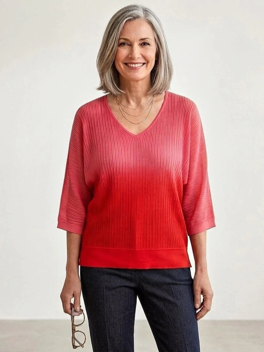 Chico's New Size 2 Large Sheer Stripe Dip Dye Pullover Blouse V Neck Coral